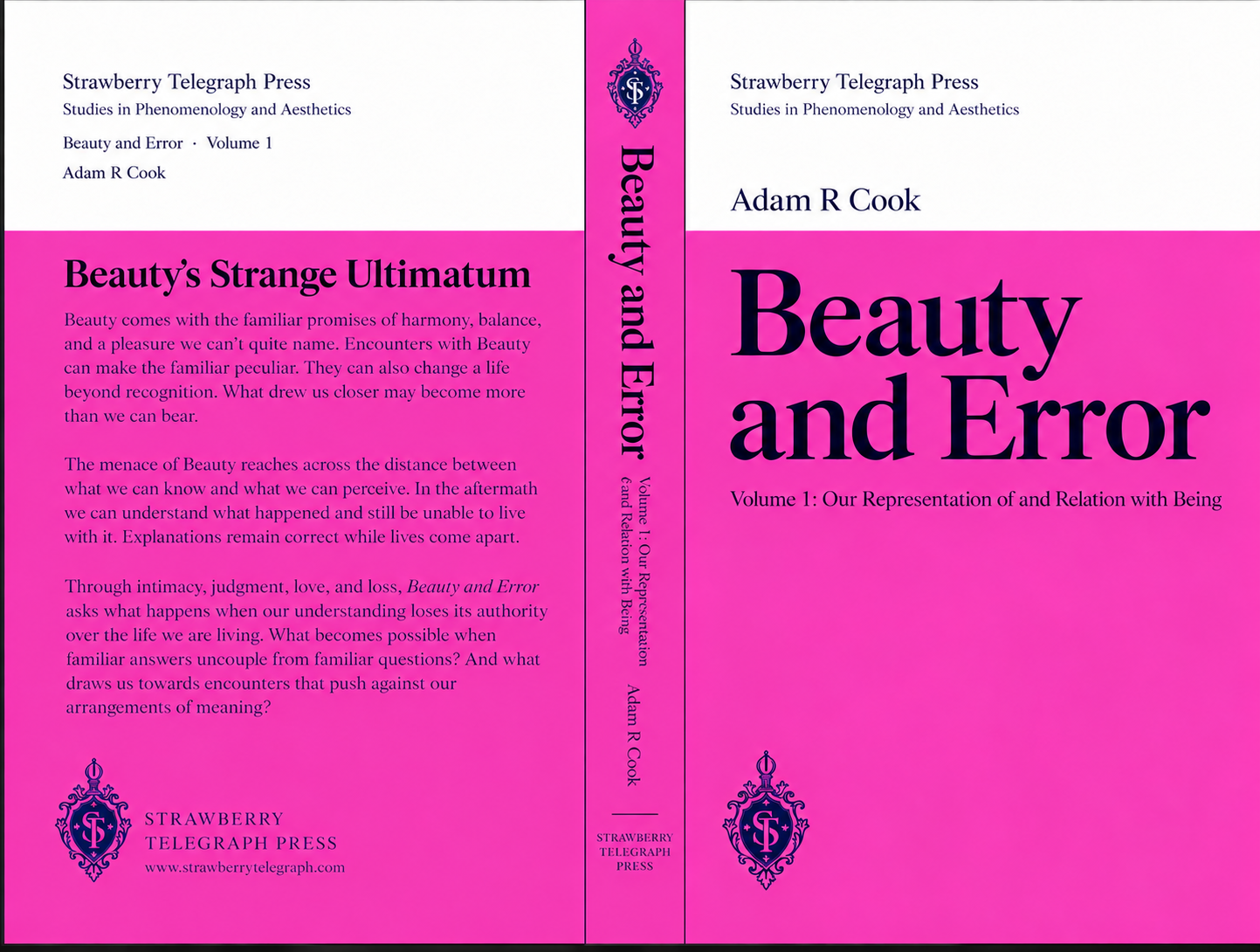 Front cover of Beauty and Error by Adam R Cook, with navy serif lettering, a vivid pink field, and the Strawberry Telegraph Press crest.